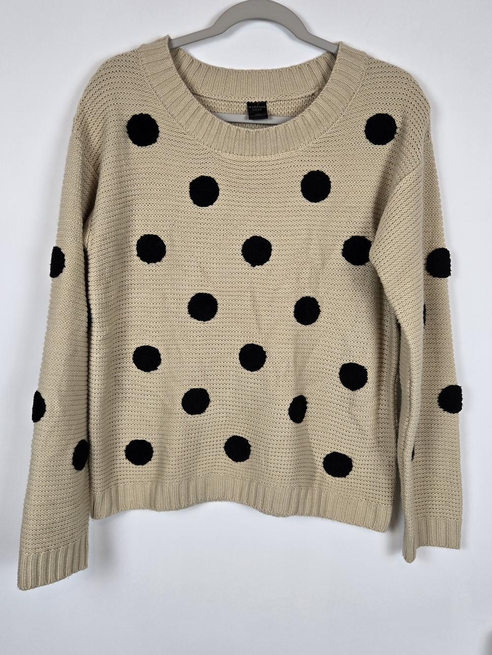 Madison Lilly Crew Neck Polka Dot Knit Sweater - Beige with Black Dots